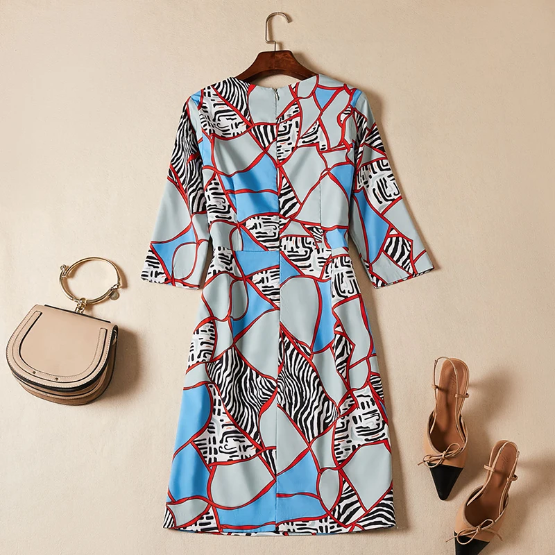New Pretty Print Women Dress High Quality Elegant Seven-quarter Sleeve Knee Length Causal Dress
