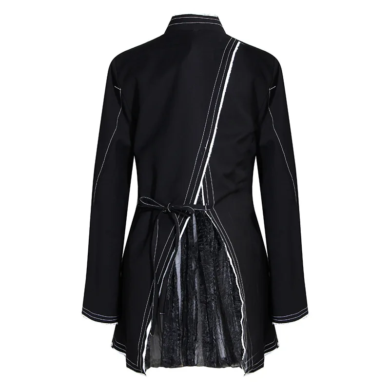 

Dark Wind Windbreaker Coat New Black and White Contrast Multi-layer Mesh Vertical Collar Diagonal Autumn Winter 2019 Black Coat