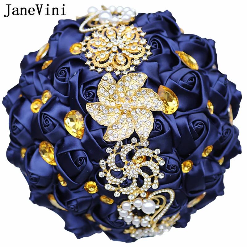 JaneVini Luxurious Sparkling Gold Rhinestone Bride Wedding Bouquet Rose Artificielle Navy Blue Satin Pearl Crystal Bridal Flower