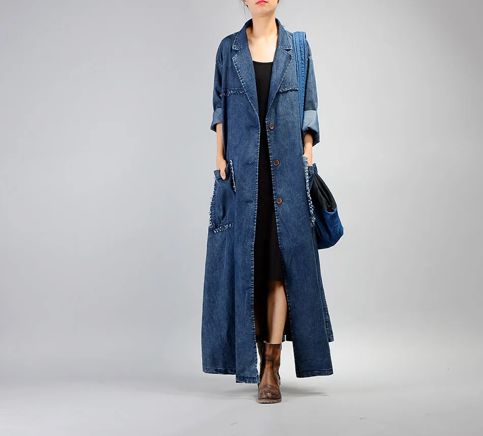 Women Plus Size Loose Irregular Denim Trench Coat Ladies Patchwork Retro Vintage Pockets Overcoat Outwear Female Coat Trench