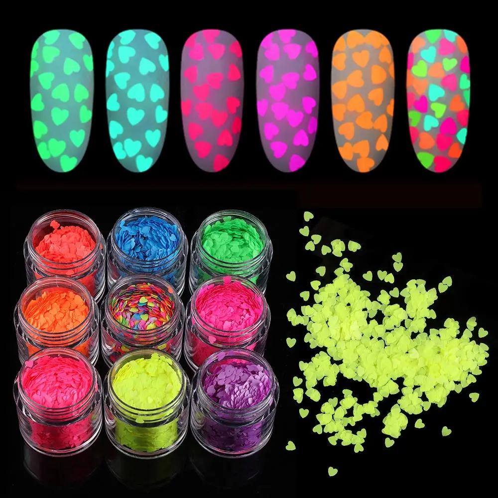 1 коробка 9 цветов Светящиеся Блестки для ногтей флуоресцентные хлопья для ногтей 3D блестки в форме сердца голографические DIY светящиеся украшения для ногтей