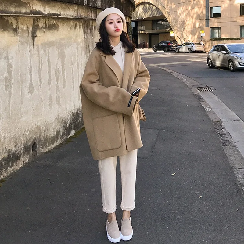 

Photo Shoot Korean-style INS Camel Cuff Labeling Suit Collar Elegant Ol Mid-length Wool Woolen Cloth Coat Women's