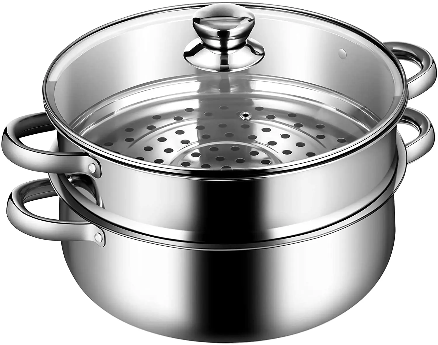 

2-Tier Stainless Steel Steamer, 12-Inch Multi-Layer Boiler Pot with Handles on Both Sides, Cookware Pot with Tempered Glass Lid