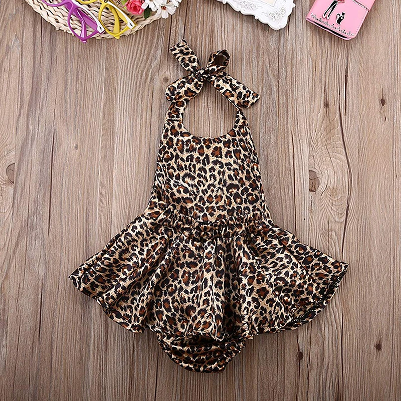 Детский кружевной комбинезон с лямкой на шее для маленьких девочек; леопардовый комбинезон с открытой спиной; Платье-комбинезон