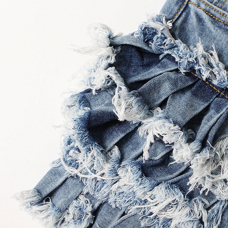 ECRURANI Blue Patchwork Denim Shorts For Women High Waist Tassels Asymmetric Casual Short Pants Female 2022 Summer Fashion Style