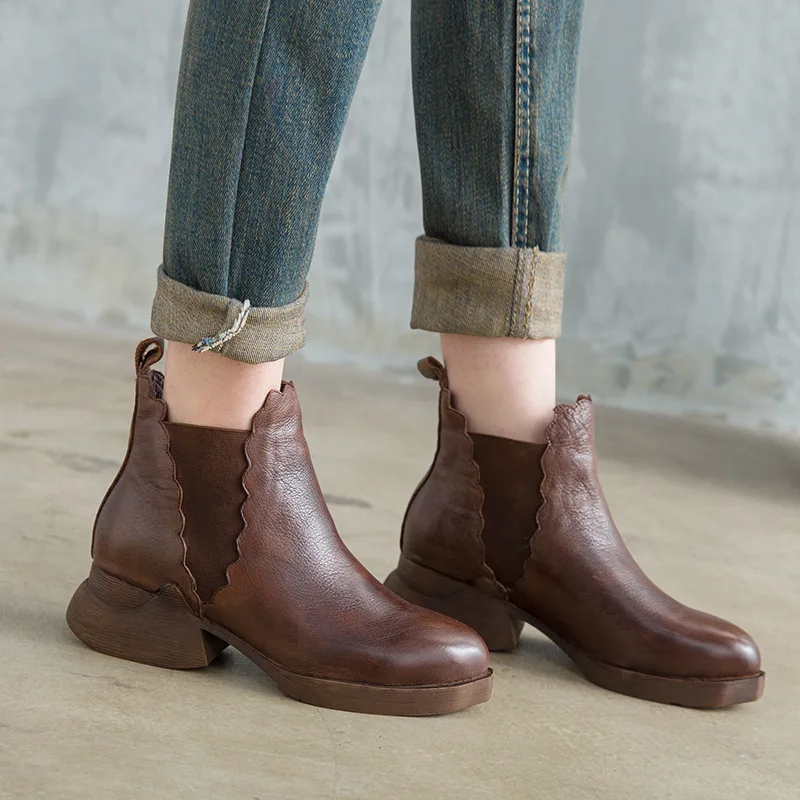 

Tenige Wipe Color Short Female 2020 Genuine Leather Middle Heel Chelsea Single Boots