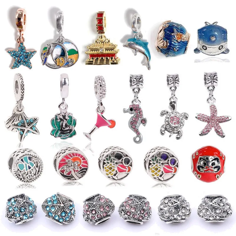 

Boosbiy 2pc 2020 Summer New Silver Plated Crystal Turtle Starfish Sea Horse Charms Beads fit Brand Bracelets DIY Women Jewelry