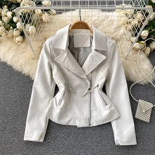 New Women Retro Zipper White Faux Soft Leather Jacket Coat Slim Turndown Collar PU Moto Biker Black Punk Outerwear Patchwork