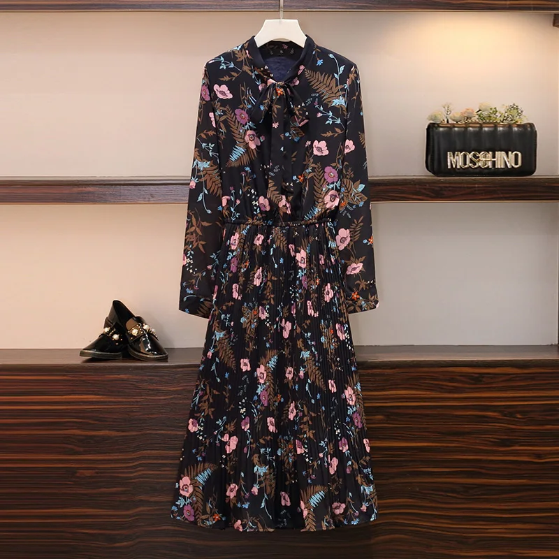 

XL-5XL Plus Size Women Floral Print Dress Autumn 2019 Fashion Bow Collar Long SLeeve Elastic Waist A-Line Pleated Long Dresses
