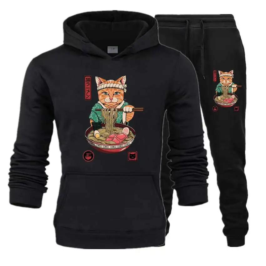 Neko Ra мужские комплекты укийо кошка теплые толстовки+ брюки Harajuku спортивные костюмы Прямая поставка толстовки спортивный костюм спортивная одежда - Цвет: Черный