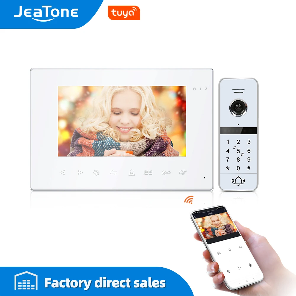 Tuya Smart App WiFi 7 Inch white color Video Door Phone Intercom System with Wired Doorbell Remote Unlock Home Access Control