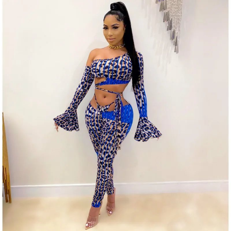 ANJAMANOR Blue Leopard Sexy 2 Piece Sets Womens Club Outfits Flare Long  Sleeve Crop Top and Pants Matching Sets D57-DZ35