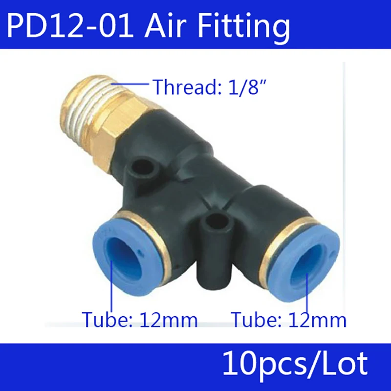 Бесплатная доставка 10 шт. PD12-01, пневматические 1/8 "Нитки 12 мм One Touch Push In T Совместное Быстрый Фитинги