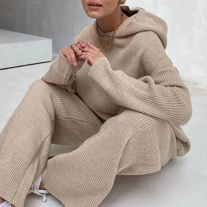 

2020 Autumn and Winter Knitted Two-piece Sportswear Casual Fashion Hooded Sweater Wide-leg Pants OL Knitted Warm Ladies Clothes