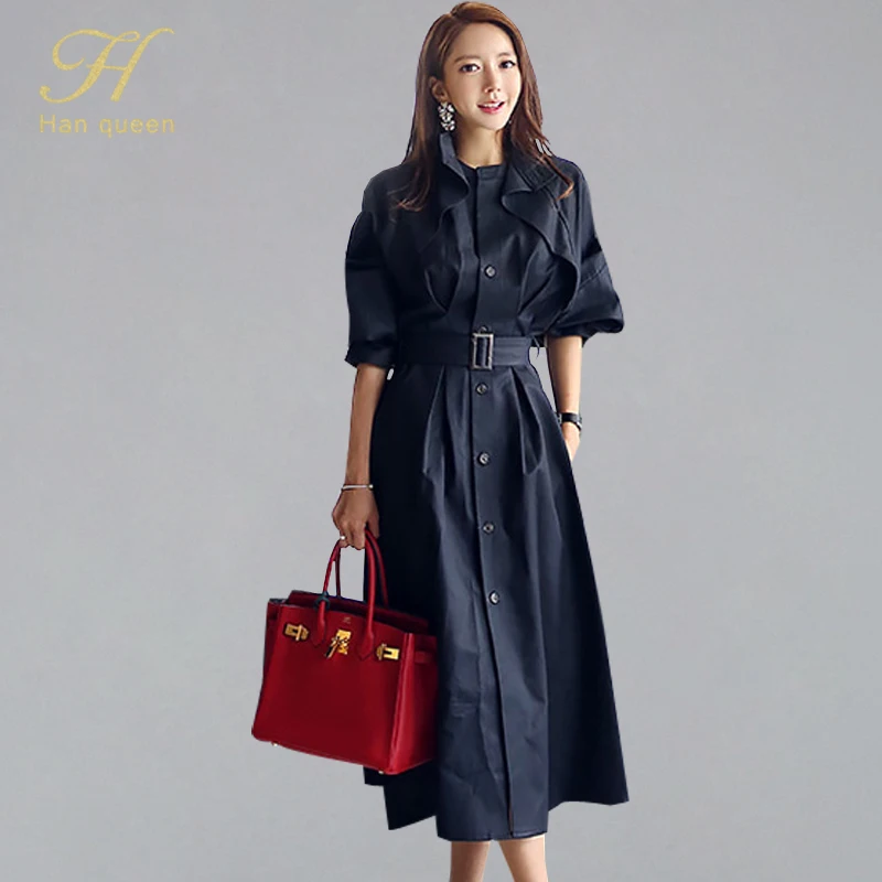 H Han queen/ осенне-зимние однобортные трапециевидные тренчи в Корейском стиле с поясом, винтажная одежда защитная одежда