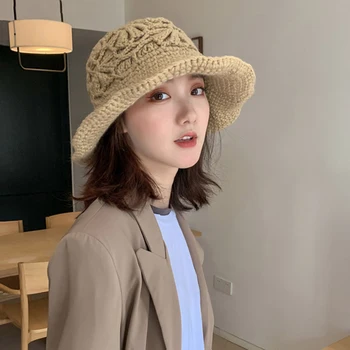 

Fisherman hat female autumn and winter all-match Japanese retro knitted basin hat cute big brim warm woolen hat