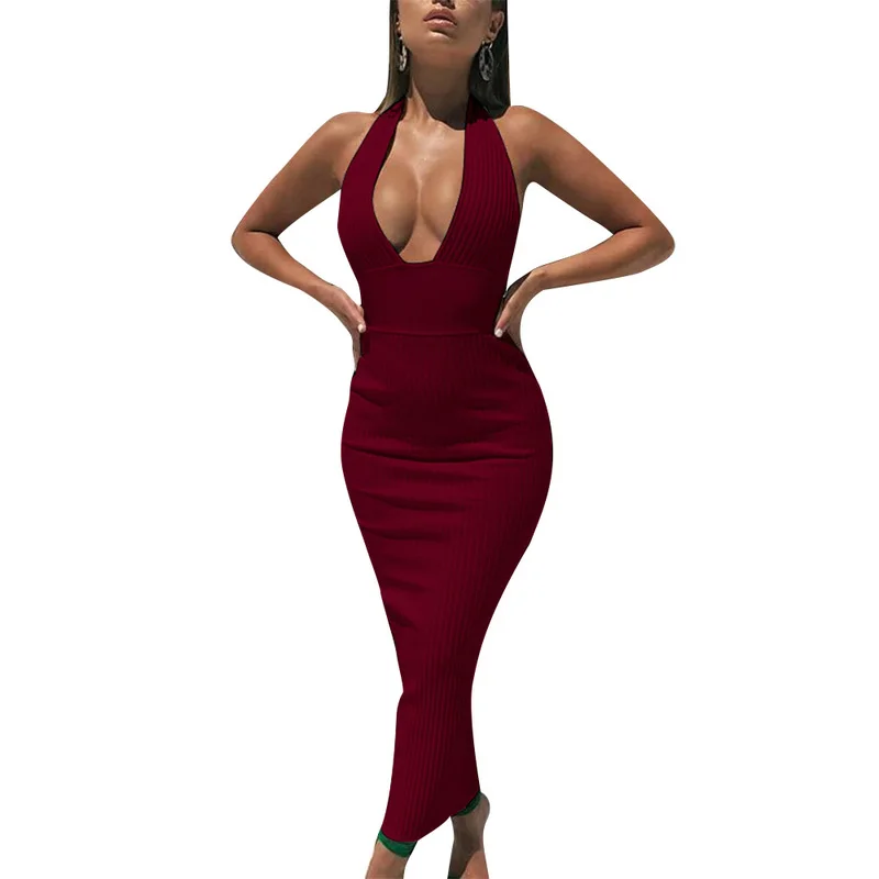 

Sexy Dress Sexy Club Solid Sleeveless V-Neck Sheath Autumn Long Dress Vintage Slim Female Casual Dresses woman party night 2019