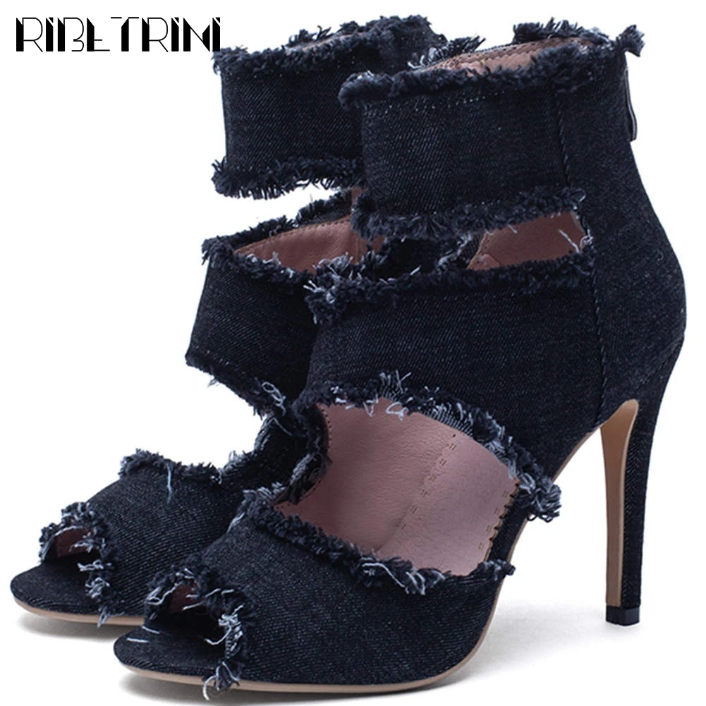 

RIBETRINI Big Size 33-43 Ladies Sexy Thin High Heels Summer Shoes Woman Brand New Denim Sandals Women 2020 Party Ol Sandals