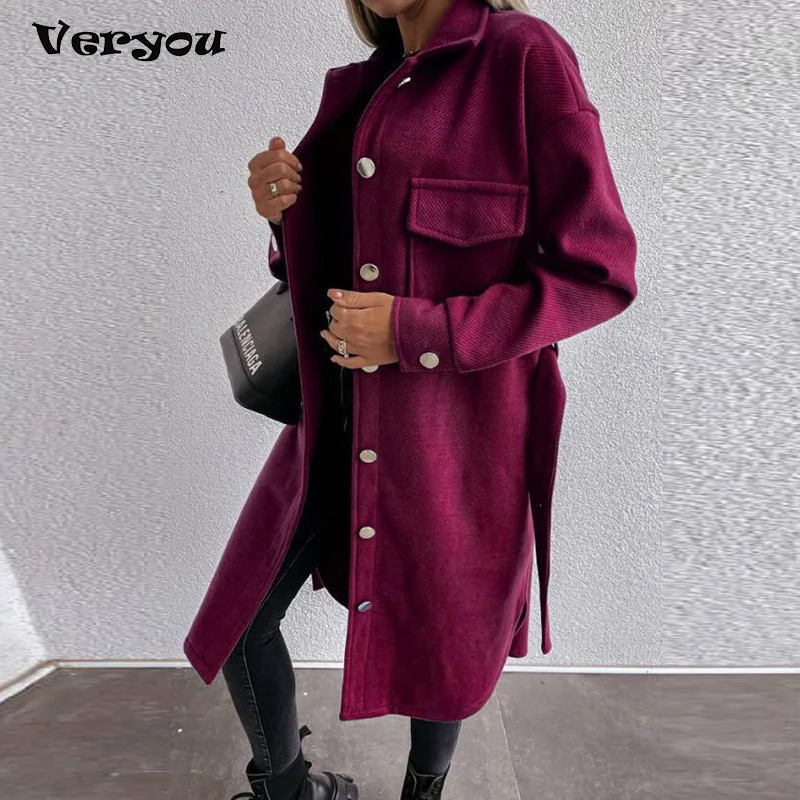 

Women Casual Pocket Lace-Up Outwear 2021Autumn Winter Fashion Lapel Single-Breasted Thick Coats Solid Color Woolen Loose Jacket