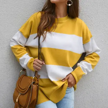 

3Colors Sweaters Women Autumn Fashion Pullover Jumper Knitted Sweater Round Neck Long Sleeve Striped Pattern Casual Sweater Coat