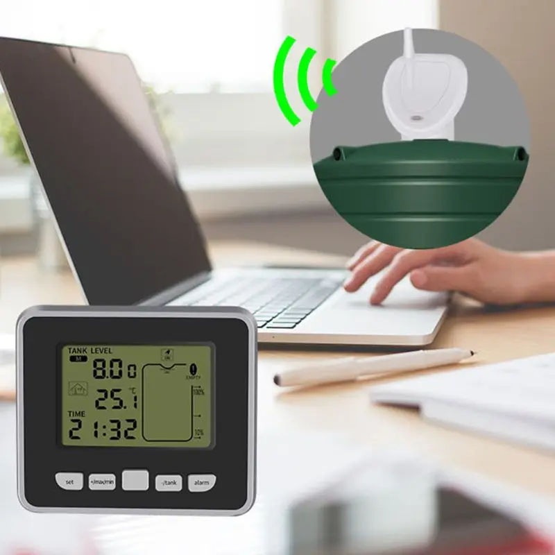 US $46.44 Ultrasonic Water Tank Level Meter Temperature Sensor Low Battery Liquid Depth Indicator Time Alarm Transmitter Measuring