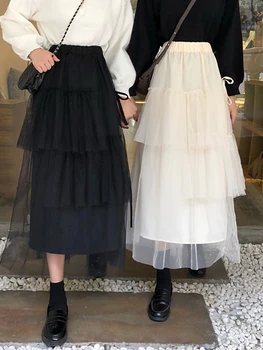 

2020 Summer Autumn High Elastic Waist Mesh Long Maxi Women Pleated Skirts Tiered Ruffle Flower Tulle Tutu Skirt