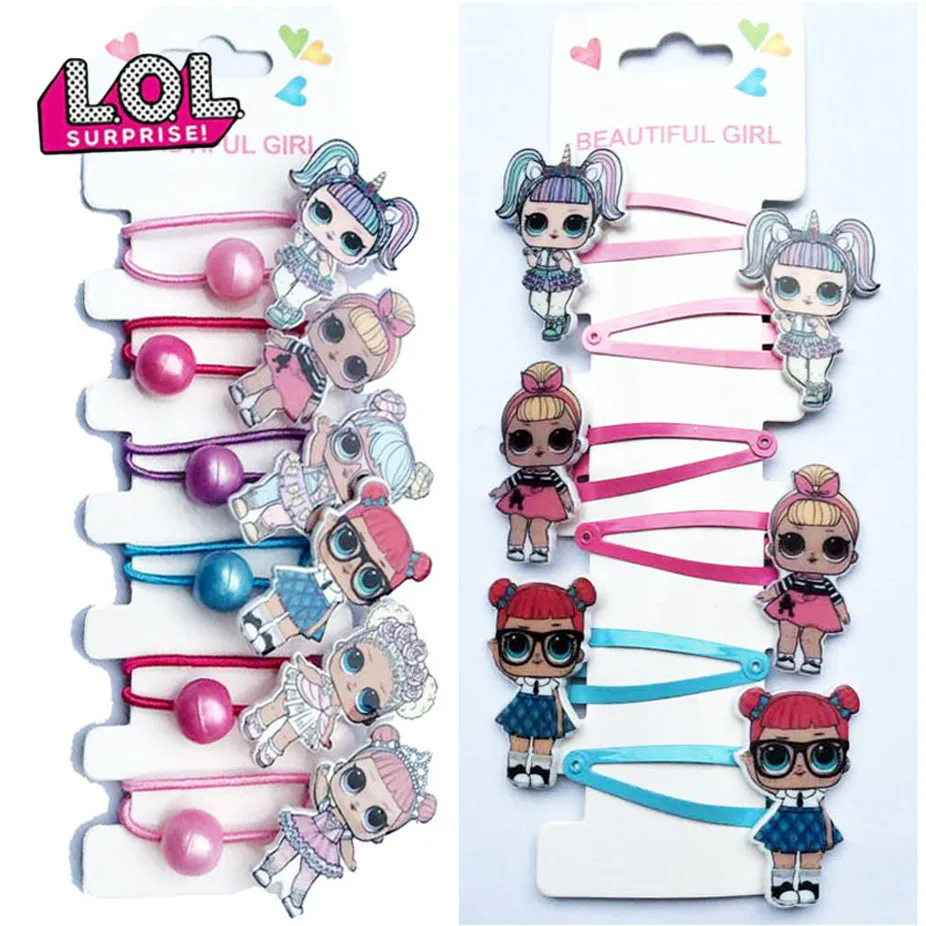 LOL Surprise-horquilla de muñeca de goma, accesorios para el cabello, estampado de resina de dibujos animados, tocado para niña, regalos de cumpleaños, 6 uds.