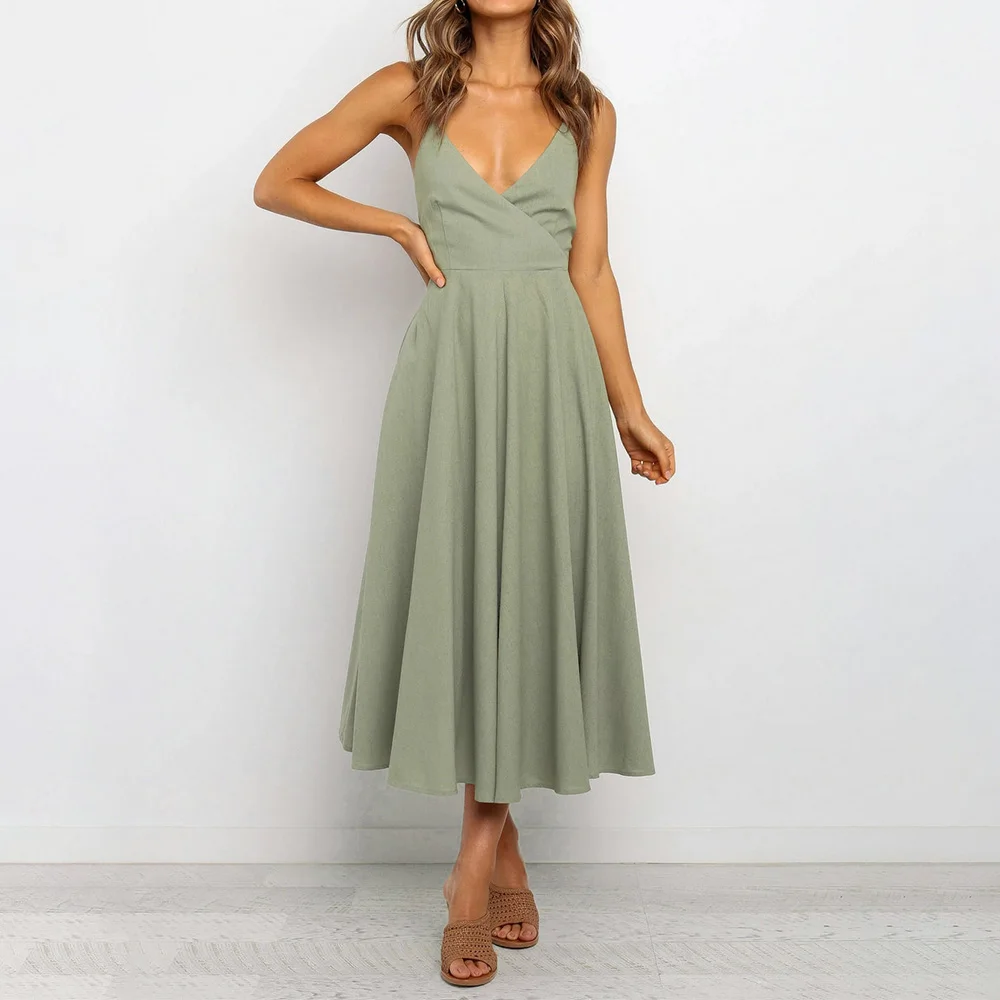 

Women Summer Dress Elegant Dress Sleeveless Backless Spaghetti Strap Dresses Sexy Deep V Neck High Waist vestidos Sundress D30