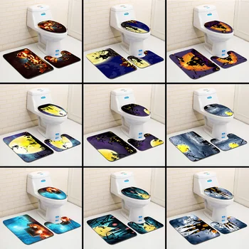 

Halloween Party Toilet Seat Cover Shower WC Rug Mat Ancient Castle Witch Printed Anti slip Flannel Bath Mat Set for Bathroom