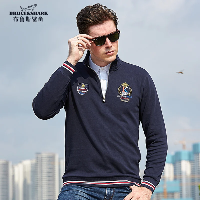 

Men's Long Sleeved Polo shirt Plus Size 4XL Stand Collar Thicken Cotton Men Tees Casual Business Male Top Embroidery Bruce Shark