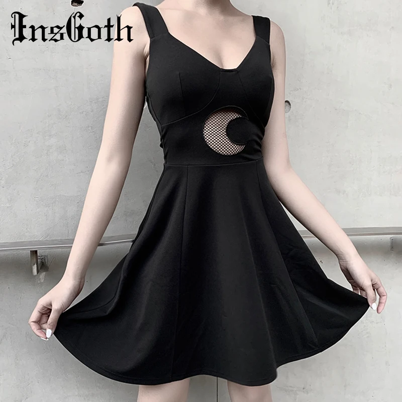 Skup InsGoth seksowna Mini sukienka bez rękawów kobiety Gothic Streetwear czarny księżyc drążą Backless damska sukienka Party sukienka vintage