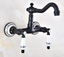 Kitchen Wet Bar Bathroom Vessel Sink Faucet Black Oil Rubbed Brass Wall Mounted Swivel Spout Mixer Tap Dual Ceramic Lever mnf829