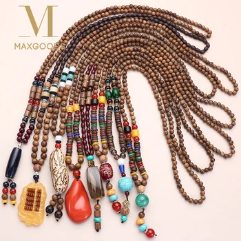 Unisex Handmade Nepal Buddhist Mala Wood Beads Pendant Necklace Boho Hippie Style Ethnic Long Pendant Men Women's Jewelry Gifts 1