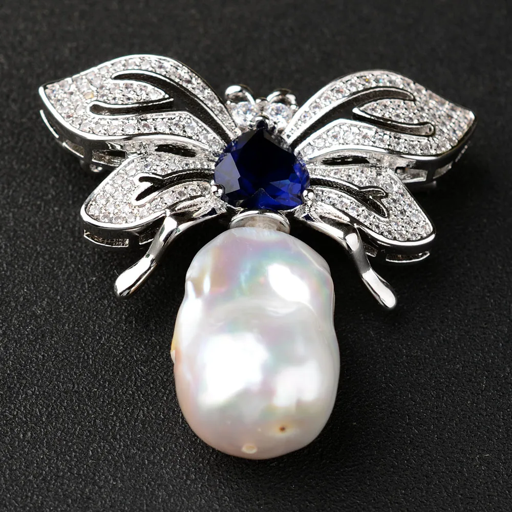 Women's Butterfly White Keshi Pearl Brooch
