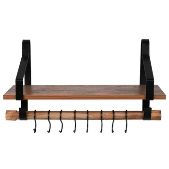 

Floating Shelf Wall Shelf Rustic Wood Kitchen Spice Rack with Towel Bar and 8 Removable Hooks for Organize Cooking Utensils or M
