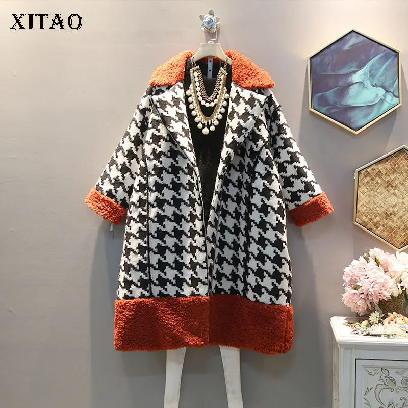

XITAO Trend Houndstooth Pattern Blends Women Fashion New 2019 Winter Full Sleeve Patchwork Minority Casual Coat GCC2954