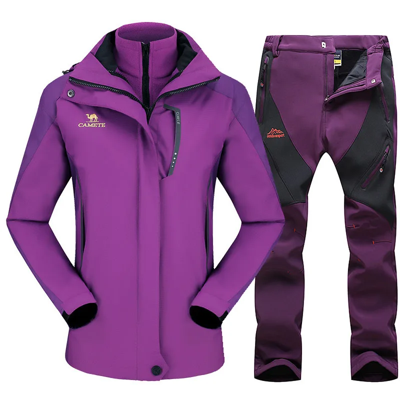 Purple Лыжный костюм для женщин, уличные спортивные лыжные куртки, водонепроницаемая ветрозащитная куртка для сноуборда, штаны, зимние лыжные флисовые комплекты одежды - Цвет: Purple