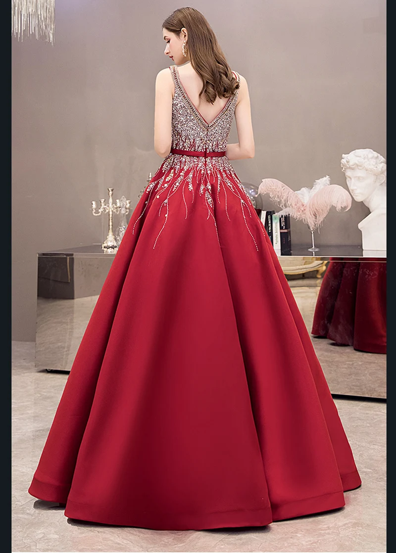 SSYFashion Новое роскошное красное вечернее платье высокого класса из сатина с кристаллами, v-образным вырезом и бисером, длина до пола, длинное вечернее платье для выпускного вечера, Robe De Soiree