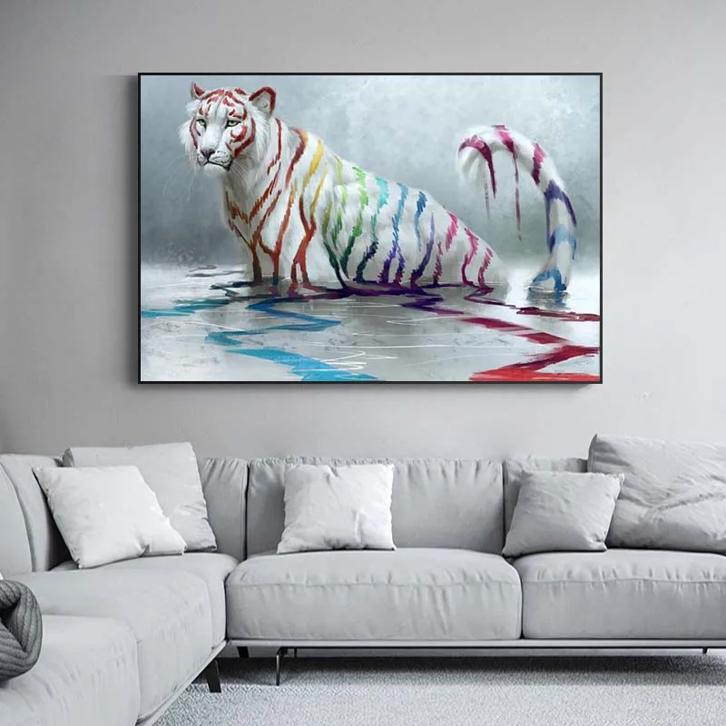Абстрактная живопись Белый Тигр с красочные полосы Nodic картина маслом для домашнего декора на холсте