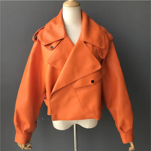 Из натуральной кожи; сезон осень куртка Для женщин Хай-стрит в режиме реального пальто из овчины; Весенняя Новая модная женская кожаная куртка - Цвет: Orange