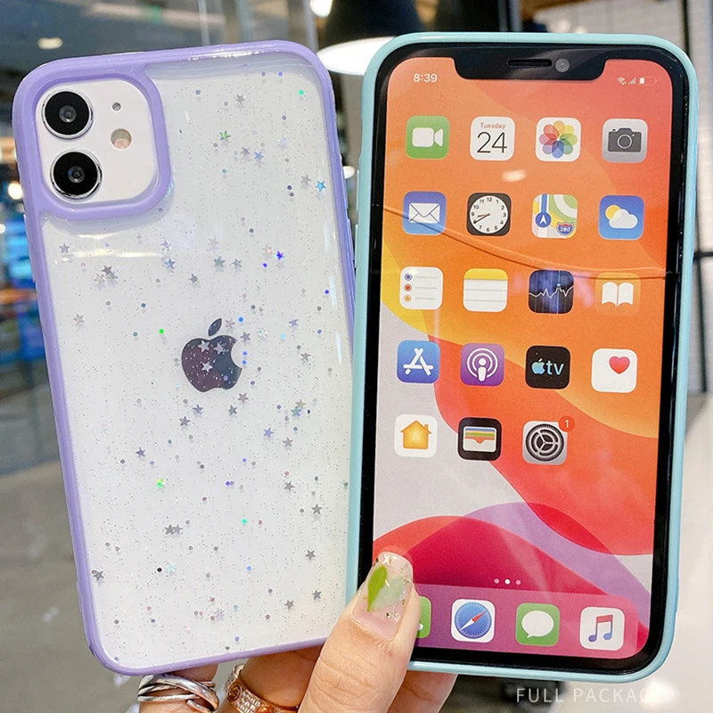 Прозрачный жесткий акриловый чехол ярких цветов с блестками для iPhone 14 Pro Max 13 Mini 12