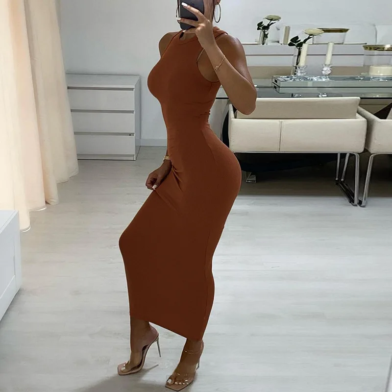 Inwoman Ribbed Knitted Summer Black White Maxi Dress Women 2021 Sexy Party Bodycon Long Dress Sundress Ladies Brown Wrap Dresses red dress Dresses