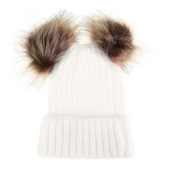 

2pcs/set Parent-child Cap Family Matching Hat Mother Baby Girls Boys Winter Warm Faux Fur Pompom Ball Kids Knitted Beanies Hat