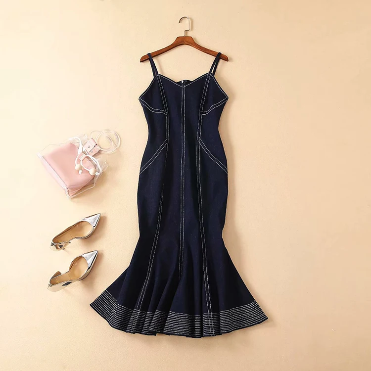 Высокое качество, новинка, летнее подиумное платье, женское джинсовое платье-Русалка на тонких бретелях