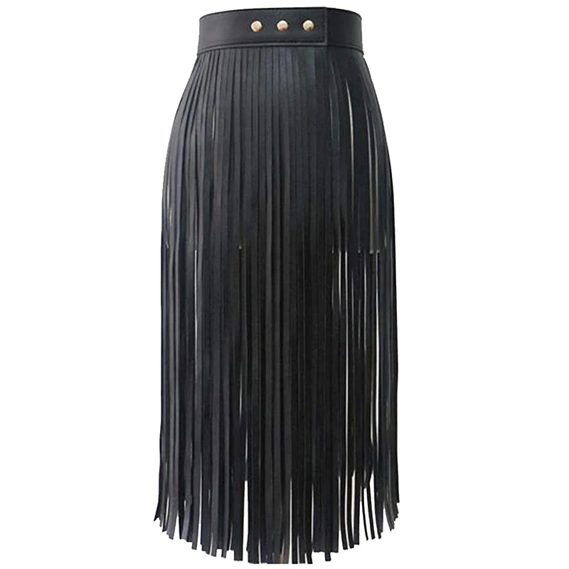 Women's Tassels Leather Skirt Summer Fashion Adjusted PU Long Fringe Dress Belts Black