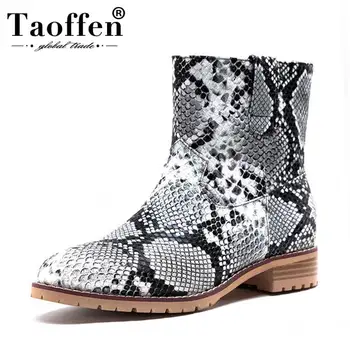 

Taoffen Women Flats Boots Snake Print Warm Winter Shoes Women Thick Fur Ankle Botas Simple Ladies Footwear Size 33-46