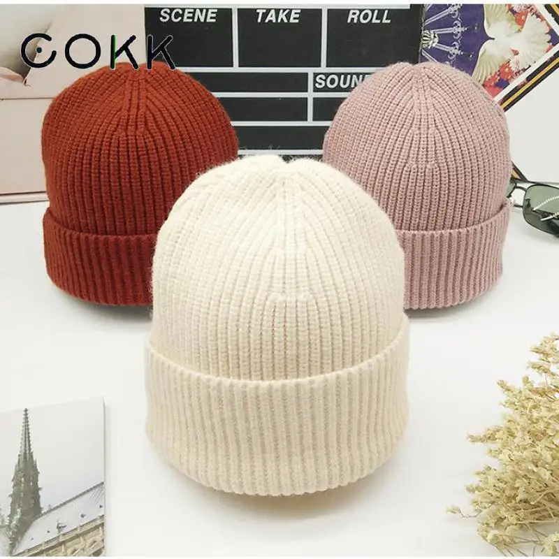 

COKK Soft Wool Double Knitting Thick Bonnet Beanie Cap Solid Warm Winter Hats For Women's Cap Skullies Beanies Female Hat Bonnet