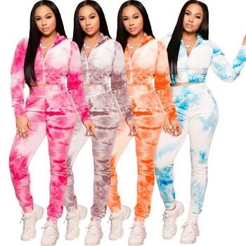 

Tie Dyeing Print 2 Piece Tracksuit Women's Suit Long Sleeve Hooded Crop Tops and Bodycon Pant Active Wear Fitness Matching Sets