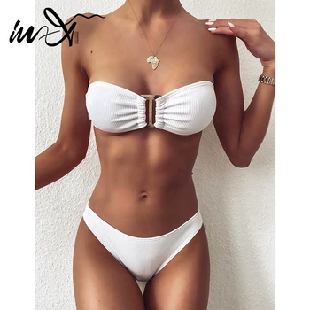 

In-X White bandeau swimsuit female Sexy micro bikini 2020 Ribbed swimwear women Hollow bathing suit women Strapless swimsuit new