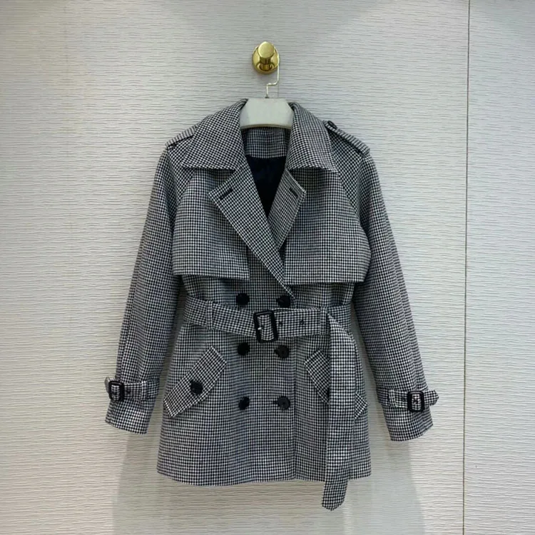 

2019 Autumn Winter New Elegant Houndstooth Double-breasted Lace Medium-long Coat Free Shipping Worldwide